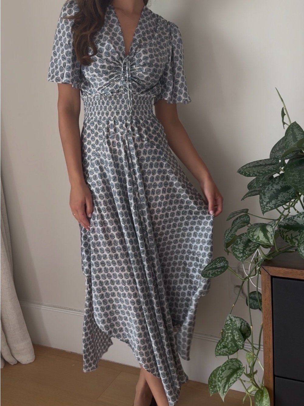 Maje Blue White Geometric Print Smocked Waist High-Low Midi Dress